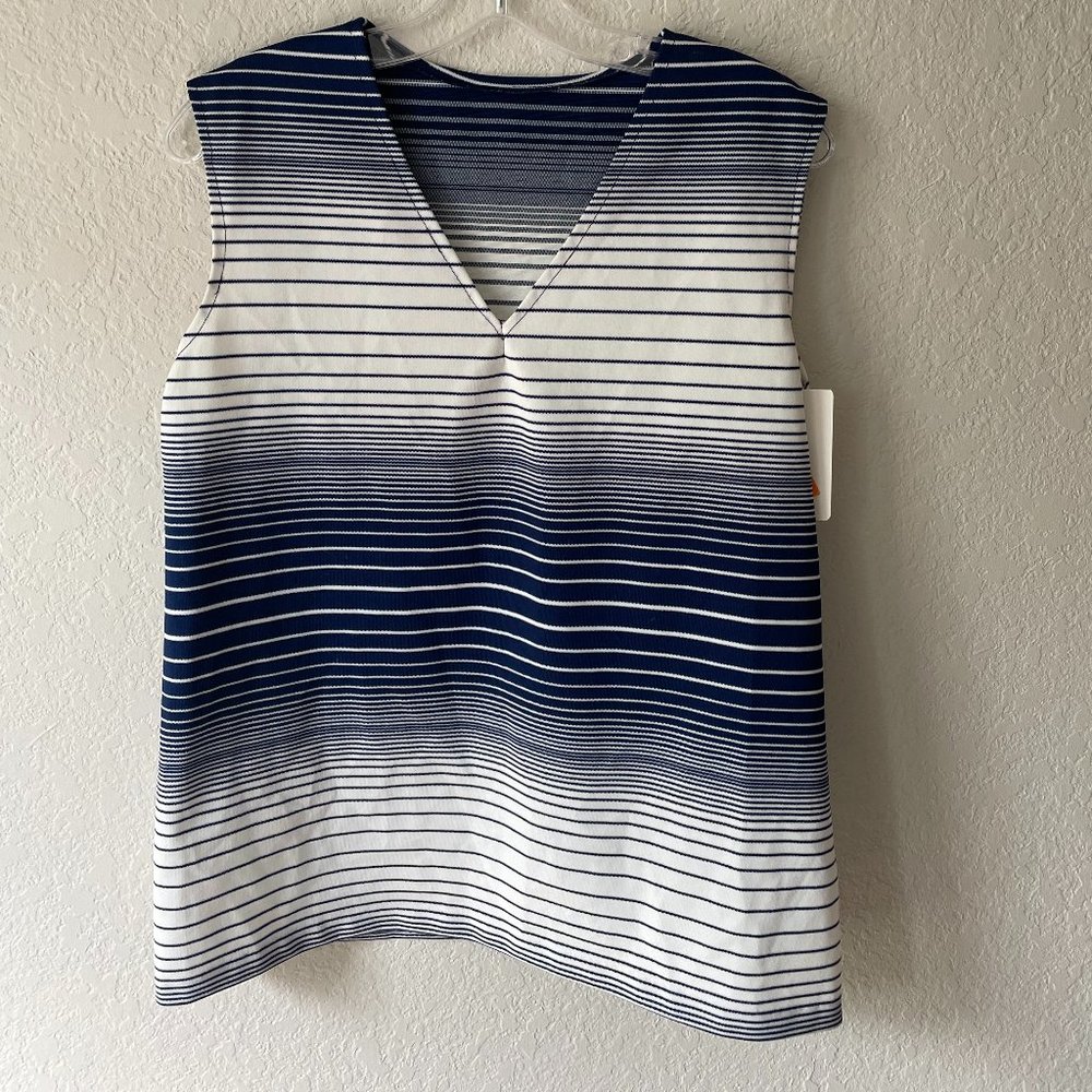 Vintage 1970s Blue & White Gradient Striped V-Neck Tank / Sleeveless Top